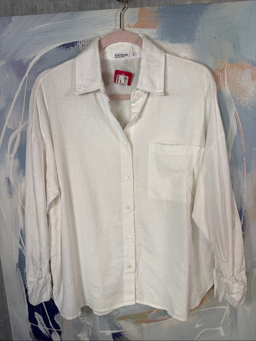 STATESIDE Linen Oversized Button Down Shirt White Long Sleeve Pocket S Coastal - Picture 2 of 8